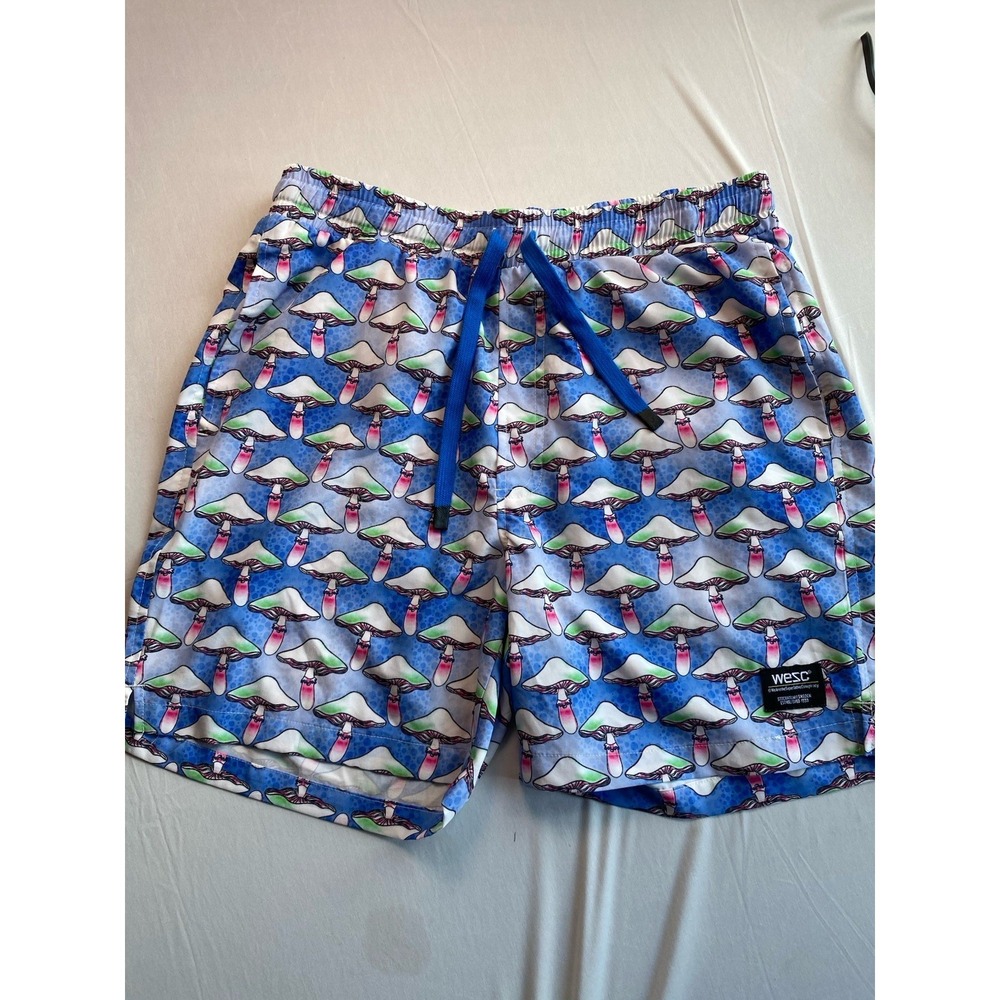 WeSC Mens Medium Mushroom Print Swim Trunks Blue Psychedelic Board Shorts